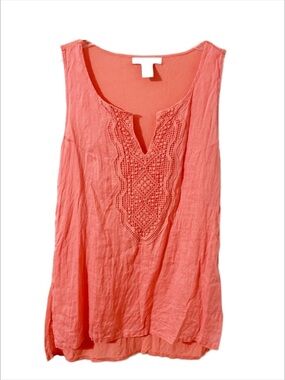 August Silk Mixed Medium Linen Knit Tunic Blouse Crocheted Lace Embellishments